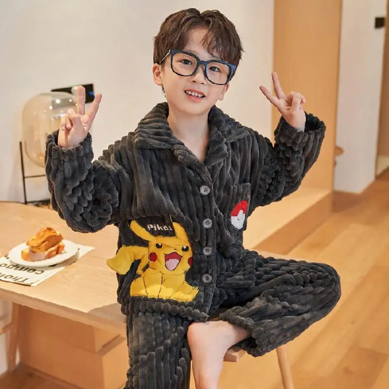 

Pokemon Children Pajamas Pikachu Accessories Soft Plush Thickening Home Wear Set Autumn Winter Warm Anime Kawaii Toys Boys Gift