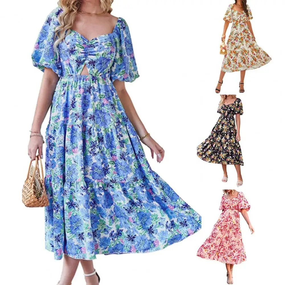 

Midi Dress Breathable Casual Dress High-Waist Dressing Up Attractive Women Flower Pattern A-Line Midi Dress