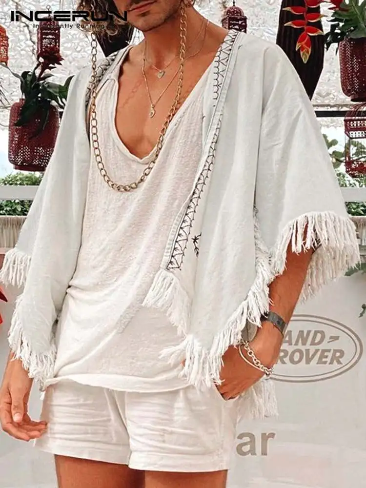 

Men Shirt Half Sleeve Embroidered 2022 Open Stitch Streetwear Tassel Casual Kimono Vintage Loose Leisure Cardigan INCERUN S-5XL