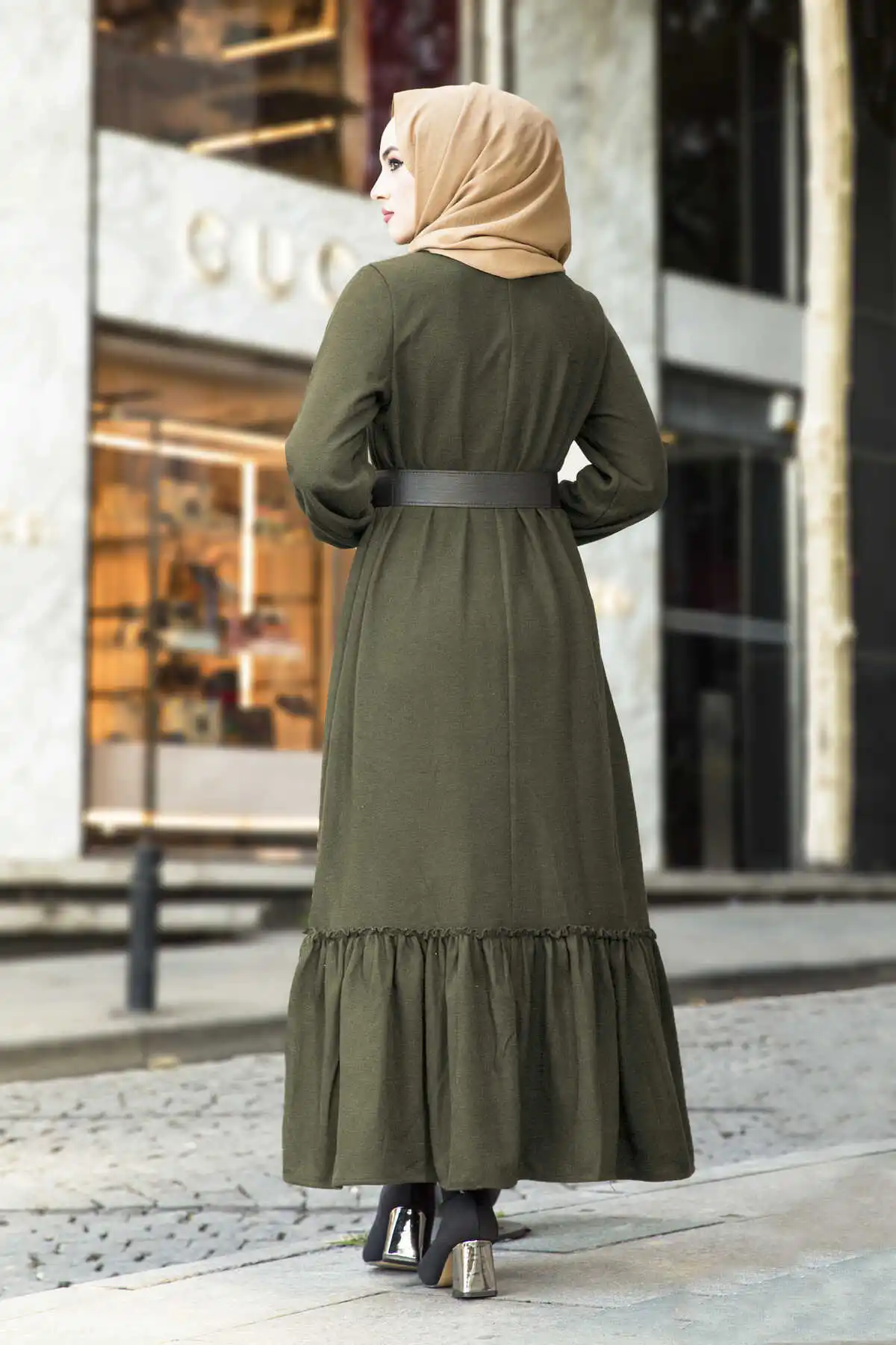 Frilly Knitwear Dress-Khaki