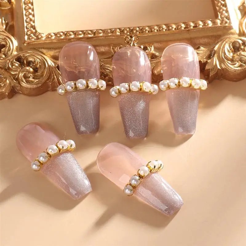 

2Box Pearl Claw Chain Nail Rhinestone 3D Metal Silver AB Diamond Pearl Chain Can Be Cut DIY Charm Nail Art Decorations Accessory