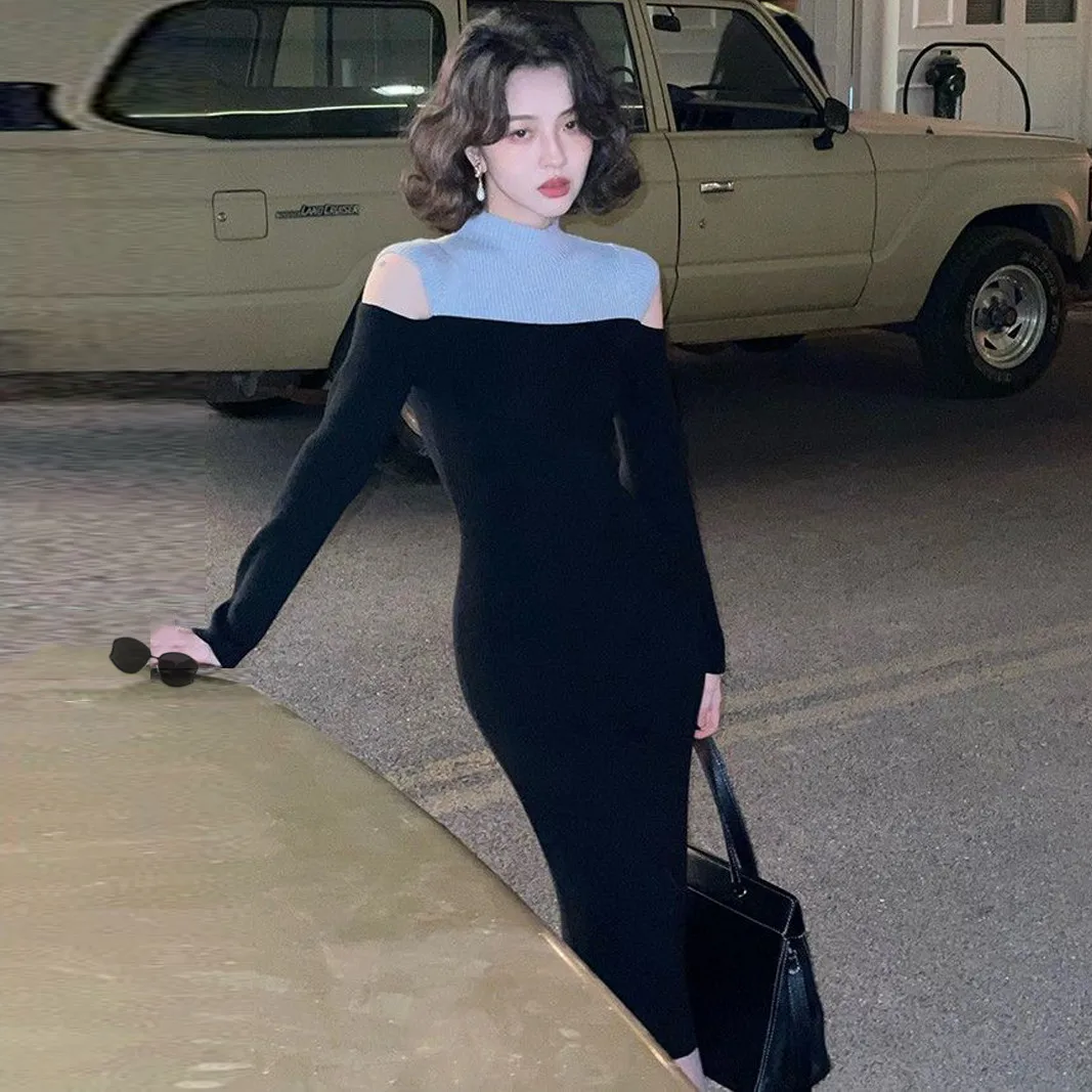 

French Retro Half Turtleneck Off Shoulder Women Dress Fall Winter Color Contrast Wrap Hips Bottoming Knitted Midi Slit Dress Y2K
