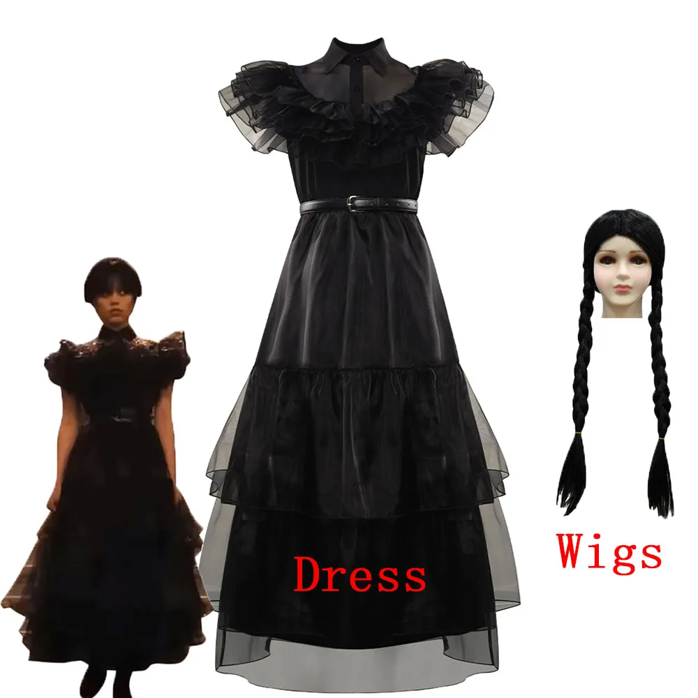 

Children Wednesday Addams Wednesday Cosplay Costume Dress Wigs Outfits Halloween Carnival Suit For Kids Girls Dress Disguise
