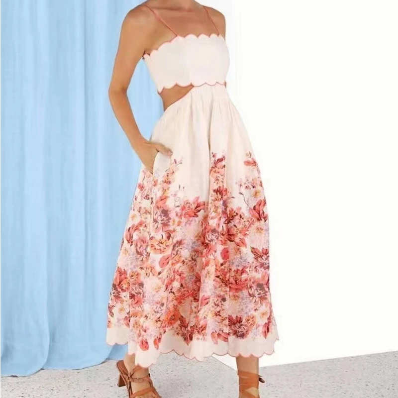 

Летнее бежевое платье миди с цветочным рисунком, вырезами на талии, вышитыми зубчатыми краями, кружевным лифом сзади, на бретелях-спагетти, 2023