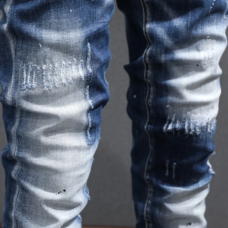 Fashion Designer Men Jeans Retro Blue Plain Washed Elastic Stretch Skinny Ripped Jeans Men Painted Hip Hop Denim Pants Hombre