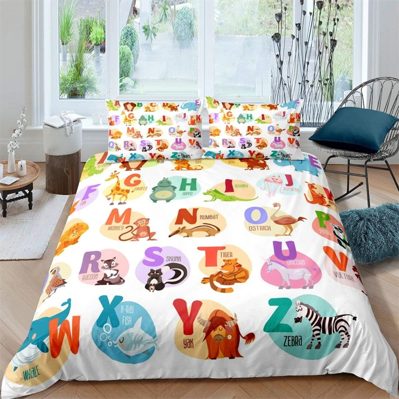

Alphabet Comforter Cover for Kids Room Decor Cute Cartoon English Alphabet Bedding Set for Toddlers Boys Girls,Animal ABC Fish