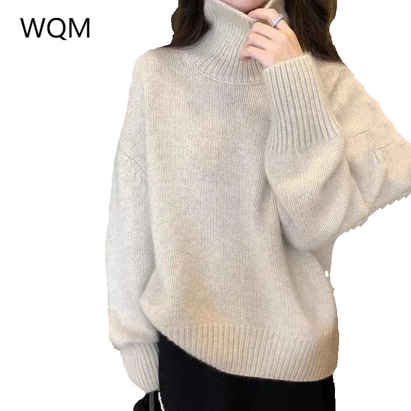 

Autumn Winter New Sweater Cashmere Women's Clothing 100% Pure Wool Turtleneck Pullover Loose Large Size Thicken Knit Top Korean