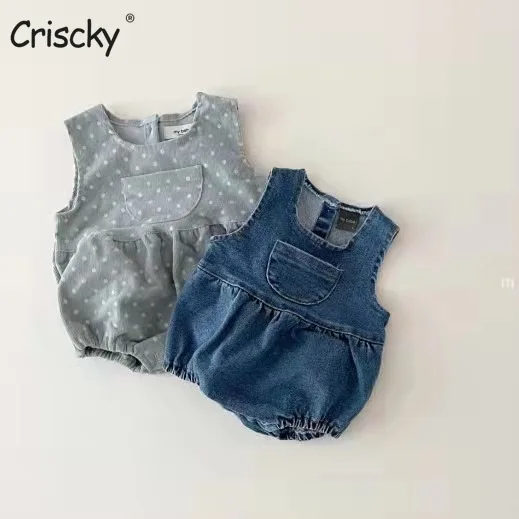 

Criscky Newborn Kids Rompers Baby Boys Girls Dots Print Denim Playsuits Suspender Jumpsuits Sunsuit Outfits Baby Summer