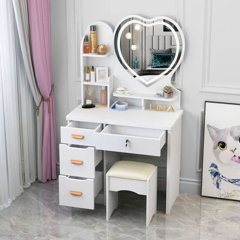 

Dressing Table with Light Mini Bedroom Simple Modern Makeup Table Economical Dressing Cabinet Simple Mesh Red Makeup Table