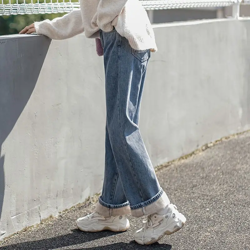 

DATIFUN 2021 Women's Plus Fleece Thicken Solid Color Wide Leg Jeans Loose Straight Empire High Street Fashion Harajuku Pants