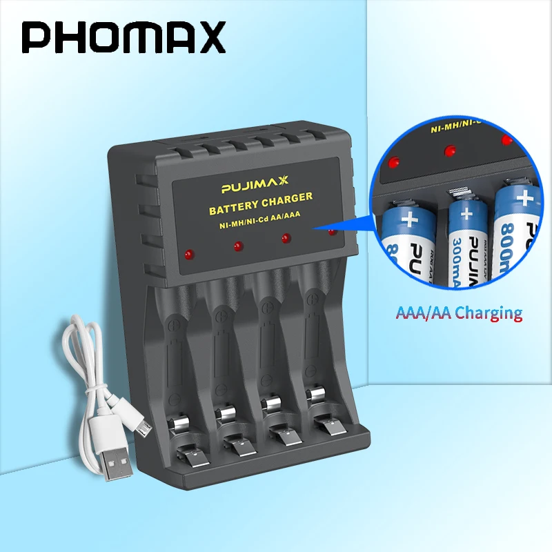 Перезаряжаемое зарядное устройство PHOMAX 1,2 в Ni-MH/Ni-Cd AAA/AA, умное зарядное устройство USB с индикатором яркости, прочные материалы