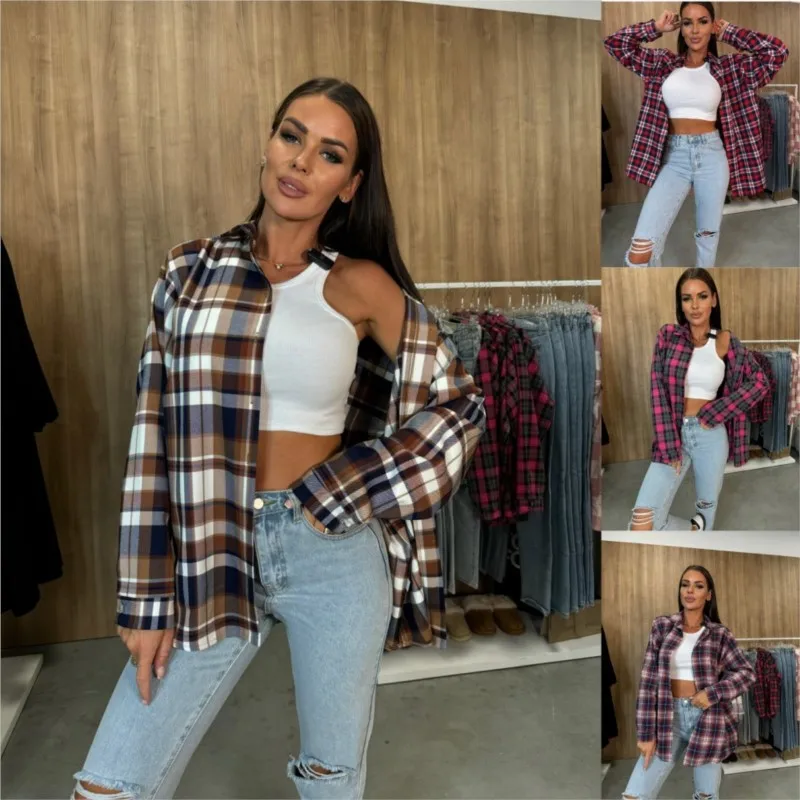 Осенне-зимняя женская модная свободная рубашка с длинными рукавами и клетчатым