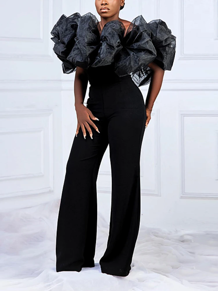 

Black Jumpsuit for Women Formal Party Evening One Piece Outfit Off Shoulder Puffy Gauze Ruffle Flower Luxury Wide Leg Rompers