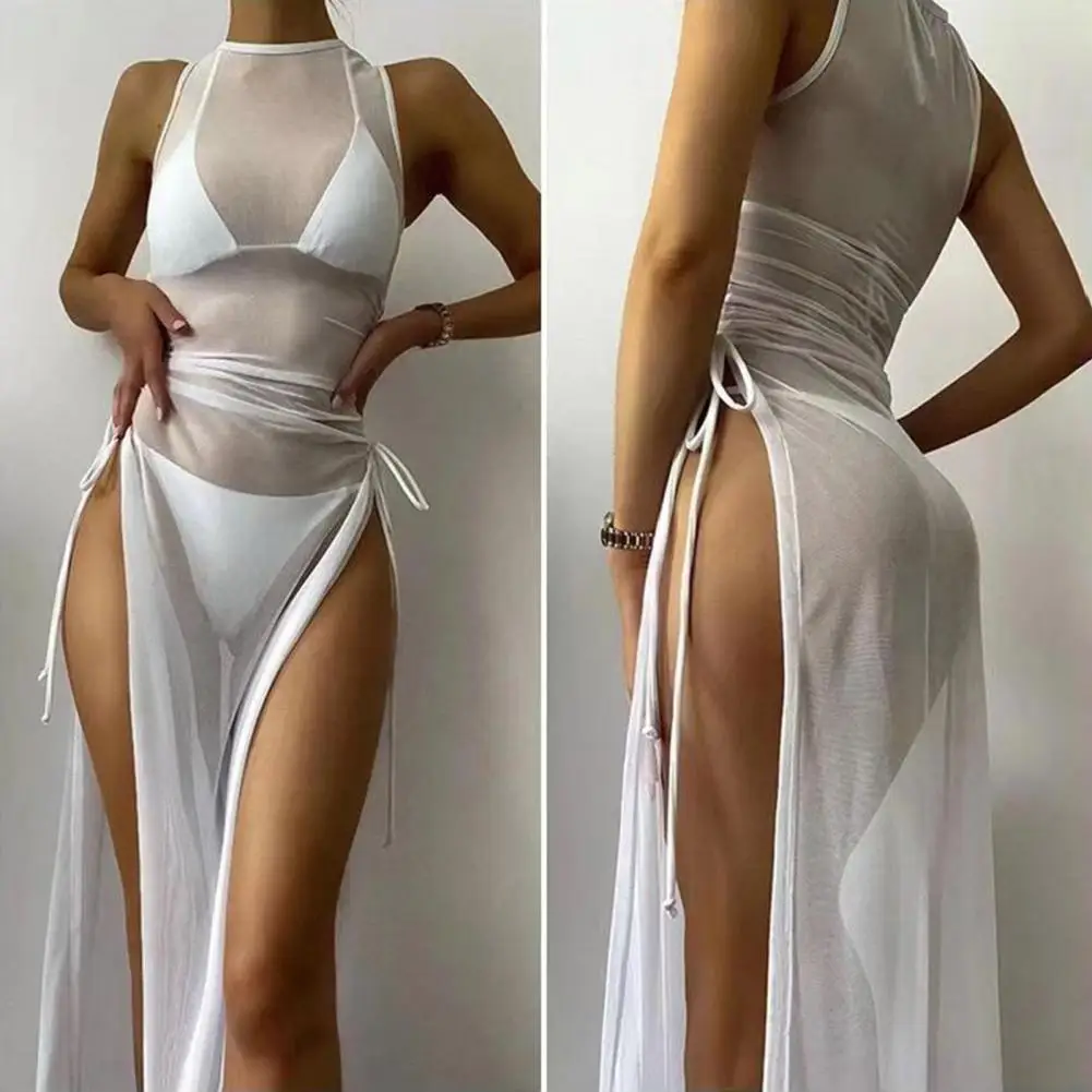 

Cover-ups O-neck Side High Split Shirring Dress Women Mesh Transparent Sleeveless Sunscreen Dress Swimwear Women 2022