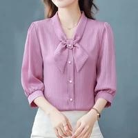 office lady elegant bow collar silk striped blouses womens summer clothing fashion 34 sleeve casual tops shirts for women