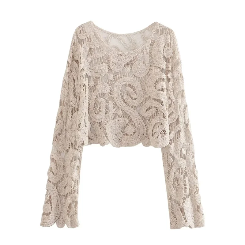 

TRAF 2023 Crochet Knitted Top For Women Long Sleeved Round Neck Fashion Hollowed Out Top New Summer Comfortable Knitted Top