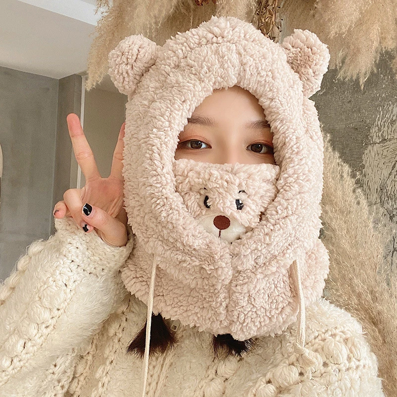 

Winter Cartoon Hat With Mask Bear Lamb Beanie Hats Warm Thickened Ear Protection Skullies Beanies for Women Girl Cute