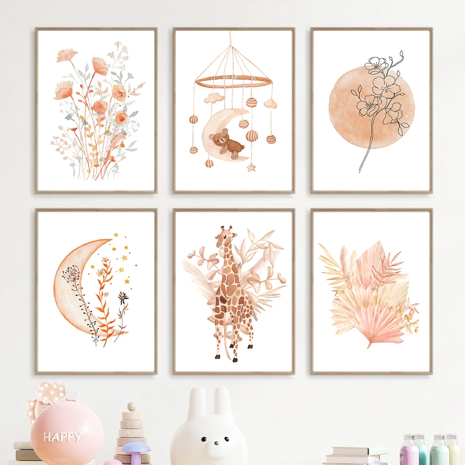 

Giraffe Bear Leaves Flower Sun Moon Nursery Wall Art Canvas Painting Nordic Posters And Prints Wall Pictures For Kids Room Decor