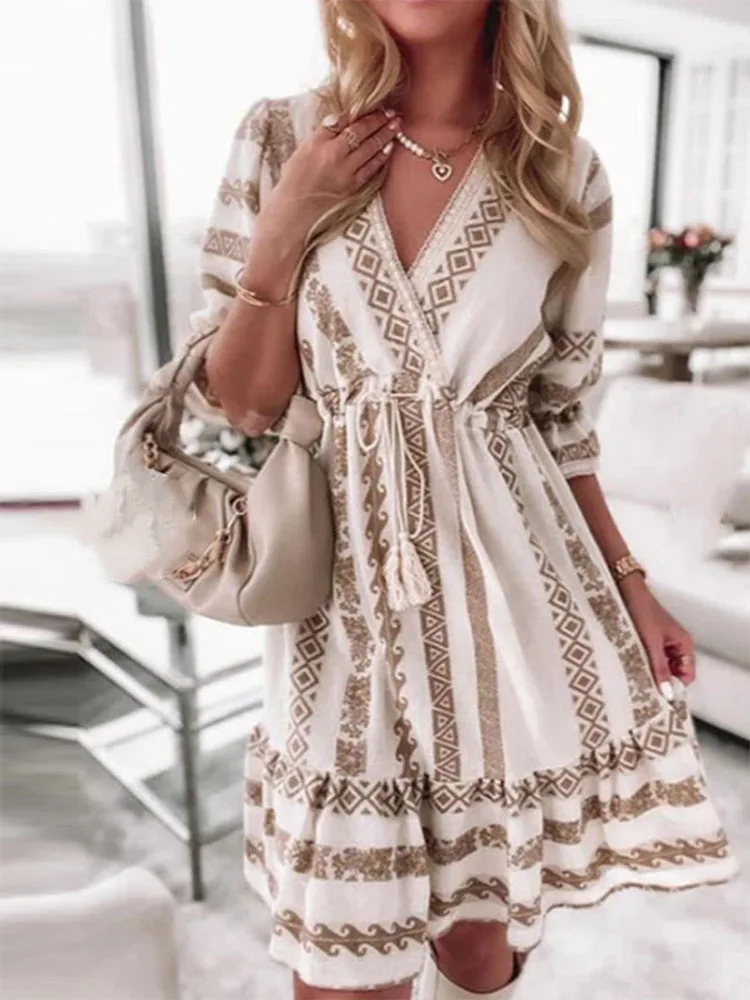 

Casual Rhombus Print Mini Dress Women Summer Elegant 3/4 Petal Sleeve Loose Beach Dress Sexy V Neck Tassel Lace-Up Party Dresses