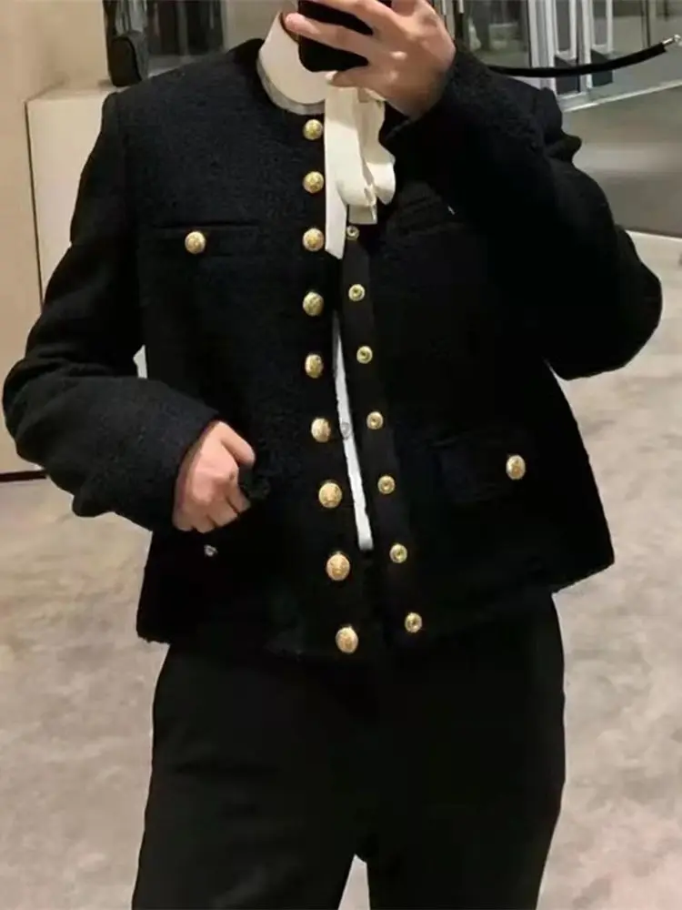 

Женская однотонная короткая куртка с круглым вырезом, однобортная Элегантная куртка с длинными рукавами и карманами на пуговицах для ранней весны, новинка 2023