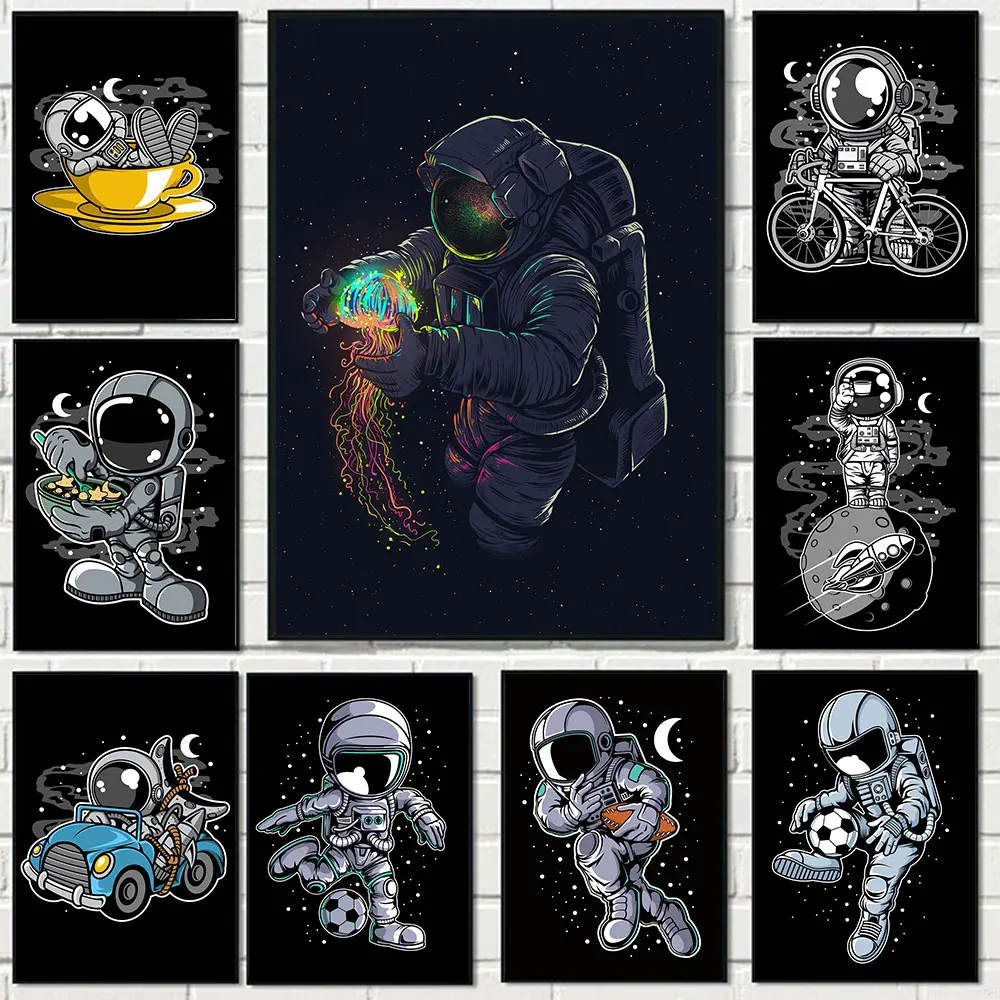 

Space Astronaut and Jellyfish Cartoon Canvas Painting Wall Art Surrealism Posters and Prints Pictures For Living Room Home Decor