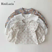 rinilucia girls blouses clothes baby spring shirts toddler infant lapel puff sleeves cherry printed tees tops kids cotton shirt
