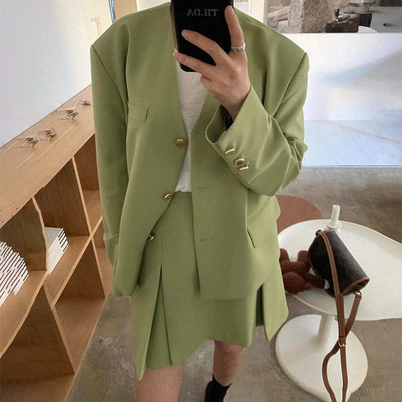 

Suit Two Piece Set Women's Clothes Solid Color Temperament Single Breasted Long Sleeve Coat + High Waist A-Line Skirt 2 Piece