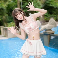 japanese lolita anime girls pink cute bikini set bandage pajamas kawaii bow ruffles tops skirts swimsuit women sexy lingerie set