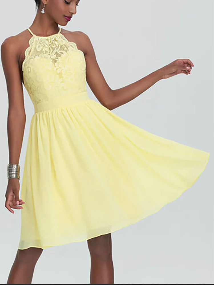 

A-Line Cute Light Yellow Chiffon Pleat Sleeveless Halter Knee-Length Appliques Homecoming Dresses Girls Sweet Graduation Party