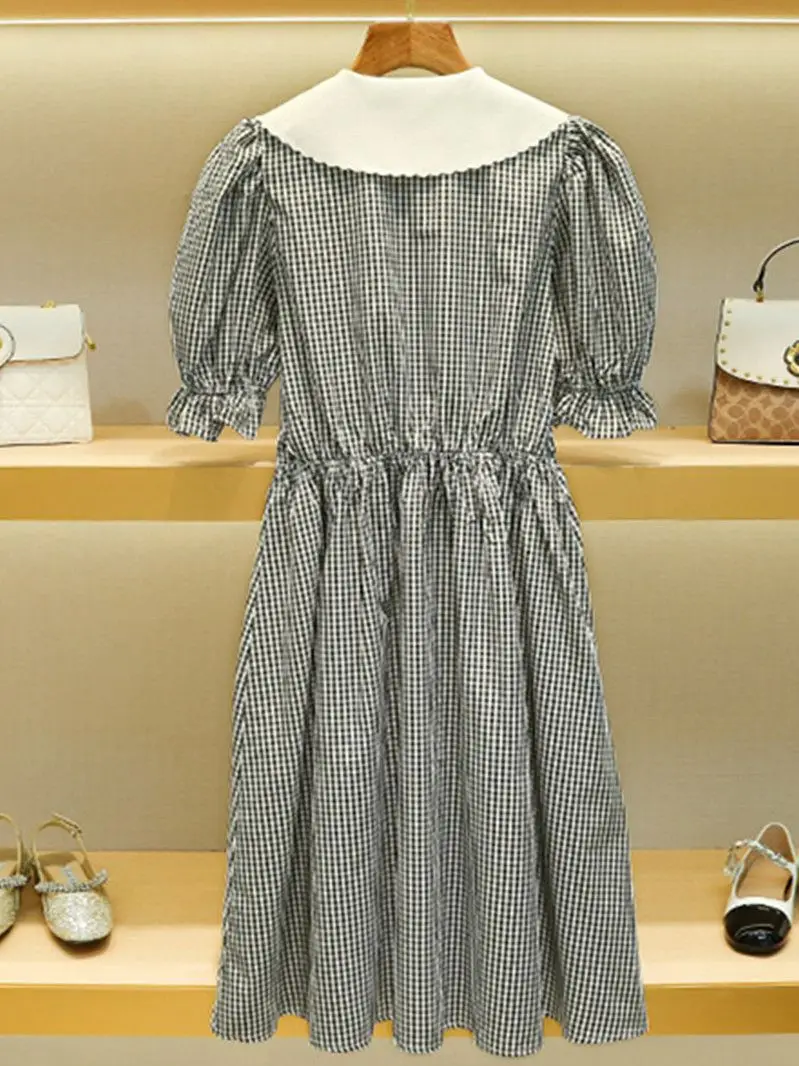 

Women Peter Pan Collar Plaid Mini Dress Puff Sleeve Edible Tree Fungus Trim Sweet Lady Slim Waist Short Robes 2022 Summer New