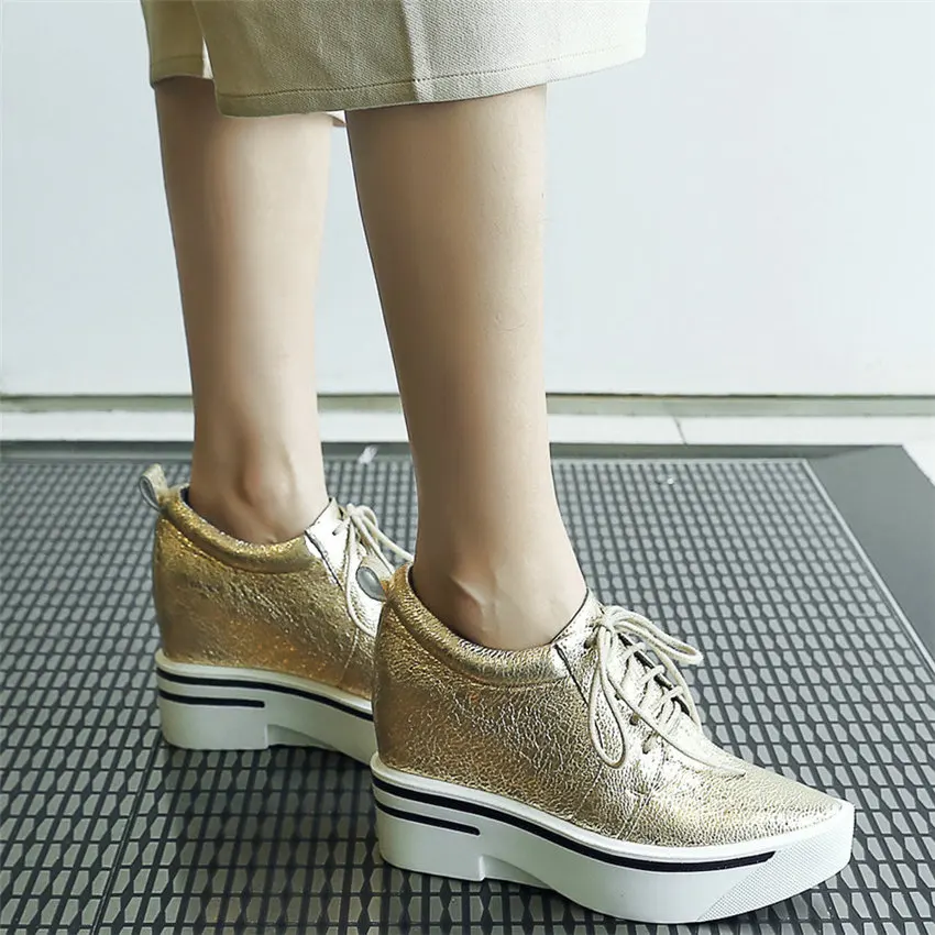 2023 Platform Shoes Women Lace Up Genuine Leather Wedges High Heel Party Pumps Female Round Toe Fashion Sneakers Casual Shoes