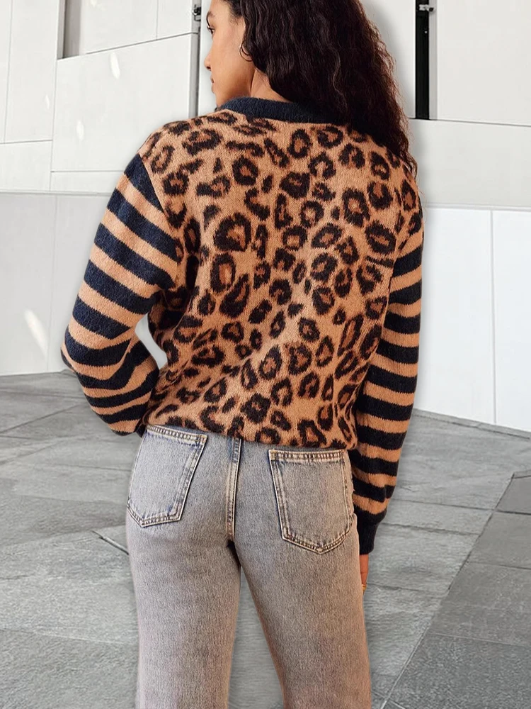 Модный полосатый леопардовый кардиган свитер женский лоскутный повседневный