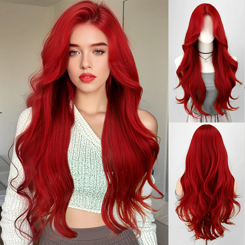 Фото Парик Neptune Red Bangs Curly HaircosFull, маленький, с кружевной вставкой, красный, кудрявый, из синтетических волос. №1
