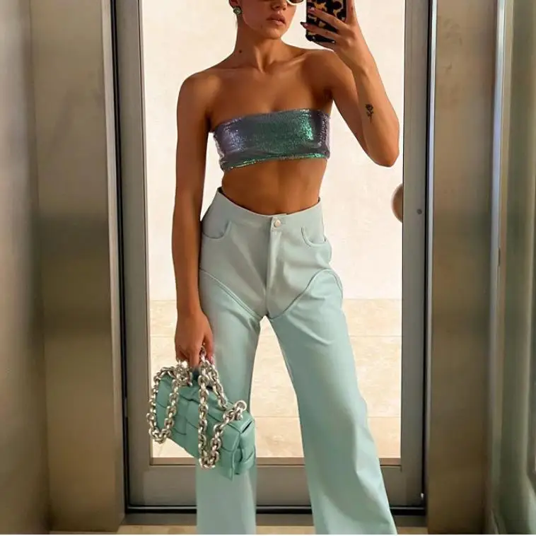 

Женская летняя модель, блестящие облегающие майки без рукавов с блестками и перекрестной завязкой сзади, укороченные топы, Клубная одежда, S...