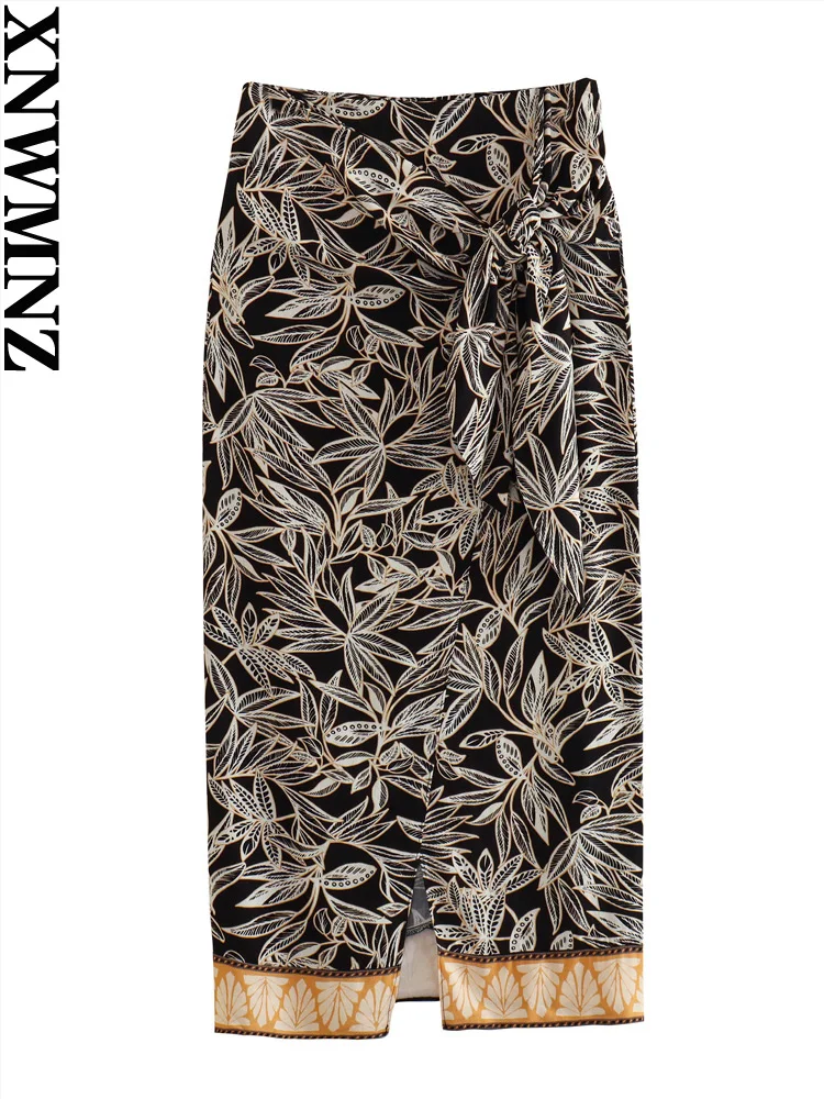 

XNWMNZ Women Fashion Print Knot Midi Skirt Woman High Street High Waist Hem Split Female Chic Skirt