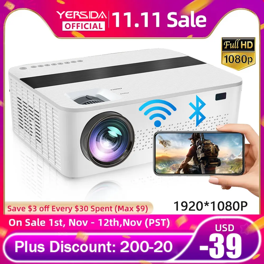 

Go YERSIDA H6 HD Projector 1080P 5G WiFi Bluetooth Projector 4K with 450" Display 2022 Upgraded 9500 Lumen 4K Projector 3D