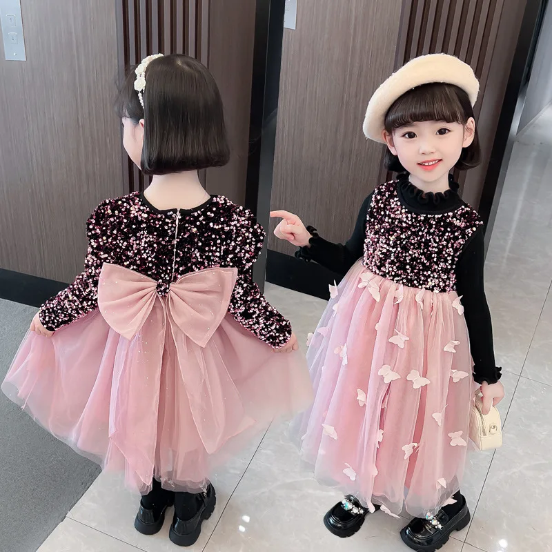 

Осеннее платье с блестками для девочек, весеннее платье с бантом, детское летнее платье принцессы, новый модный костюм принцессы с цветами д...