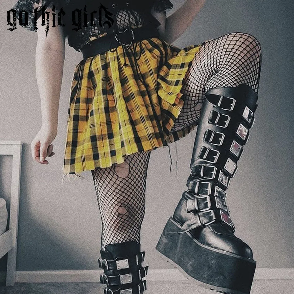 

ippeum Black Gothic Boots Platforms Women Knee High Punk Motorcycles Style Wedges Shoes Brand Dupes