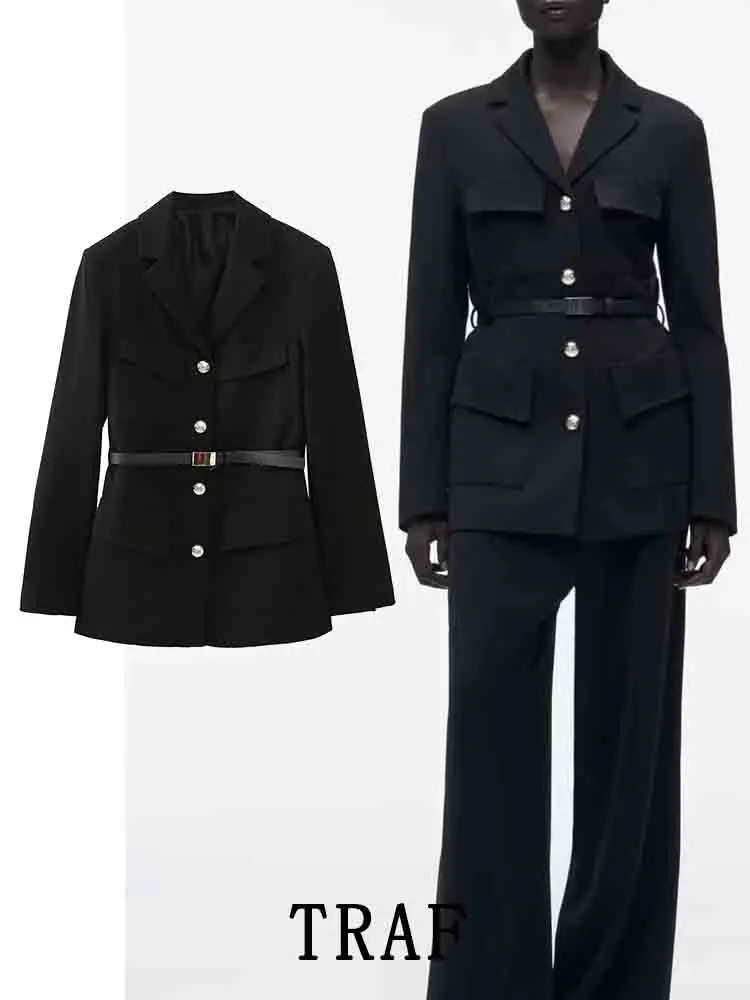 

Женский офисный Длинный блейзер с поясом, однобортный пиджак, верхняя одежда, шикарный топ, TRAF, весна 2023