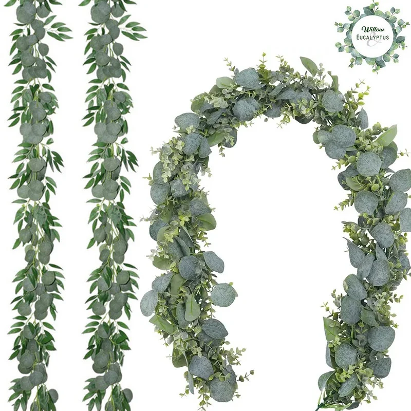 

6ft Artificial Eucalyptus Garland Green Plant Willow Vines Twigs Leaves Flowers Wedding for Home Garden Decor DIY Bouquet