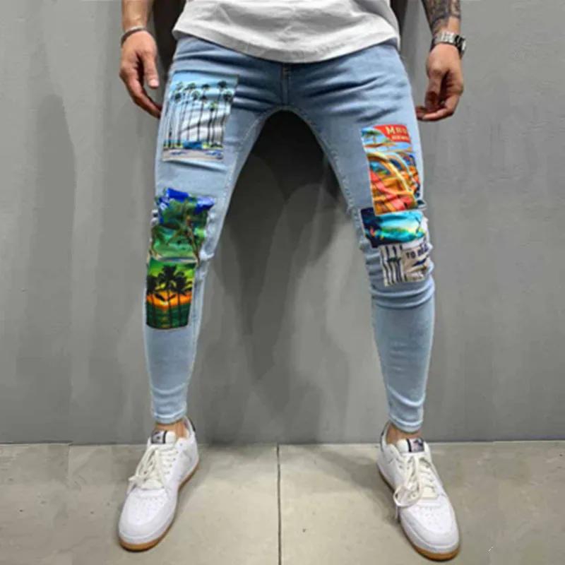 

2022 New Fashion Mens Jeans Stretch Skinny Patchwork Hawaii Style Print Blue Jean Men Streetwear Denim Punk Pants Pantalon Homme