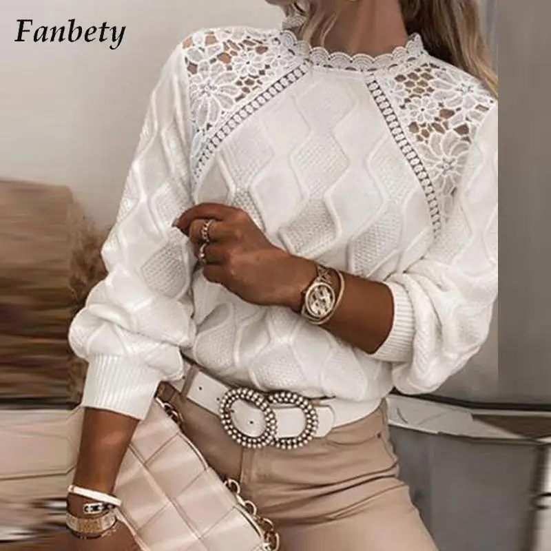 

Women Fashion Patchwork Knit Sweater Autumn Winter Office Casual O-Neck Pullover Tops Ladies New Elegant Loose Hollow Out Jumper