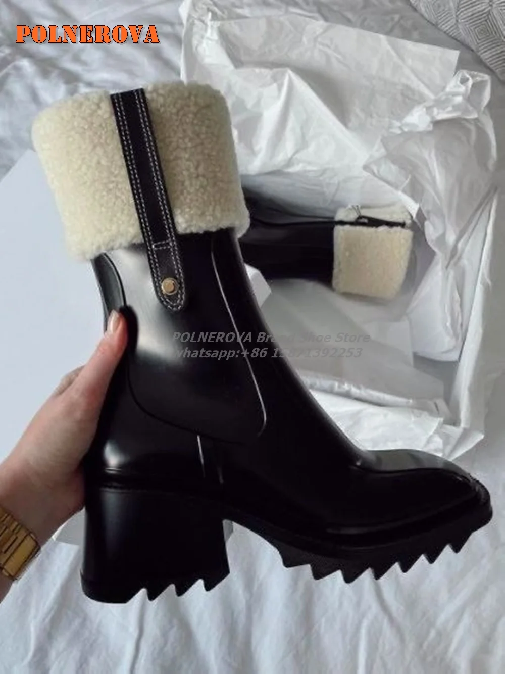 Теплые зимние сапоги с мехом боковой молнией квадратный носок на блочном каблуке