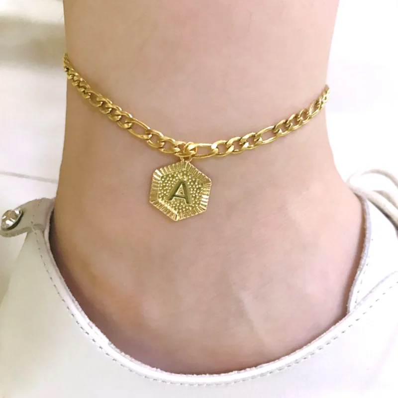 

2022 New Dainty A-Z Letter Anklet Hexagon Shaped Initial Ankle Bracelet Stainless Steel Feet Jewelry Leg Chain For Women Gifts