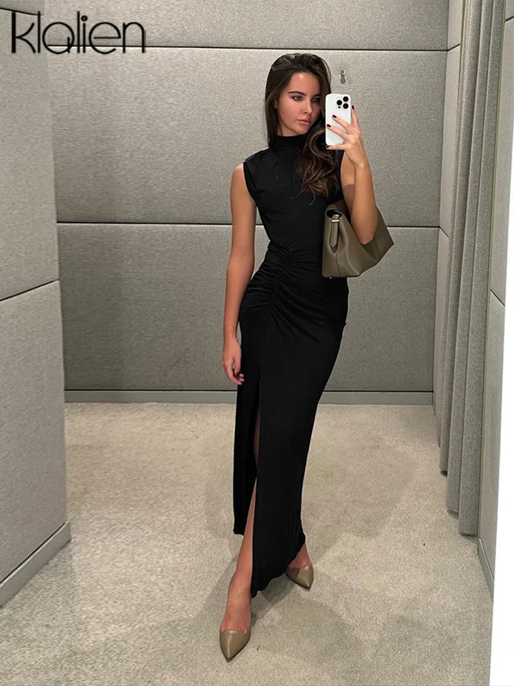Klalien элегантные длинные платья для женщин Новые однотонные без рукавов с Боковым