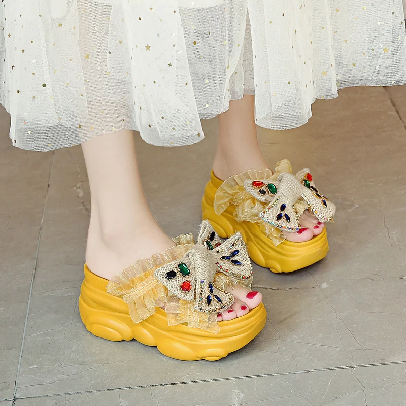 

Butterfly-Knot Slippers Women Summer Platform Increased Internal High-Heeled Shoes Lady Pantofle Luxury Slides 2022 Designer