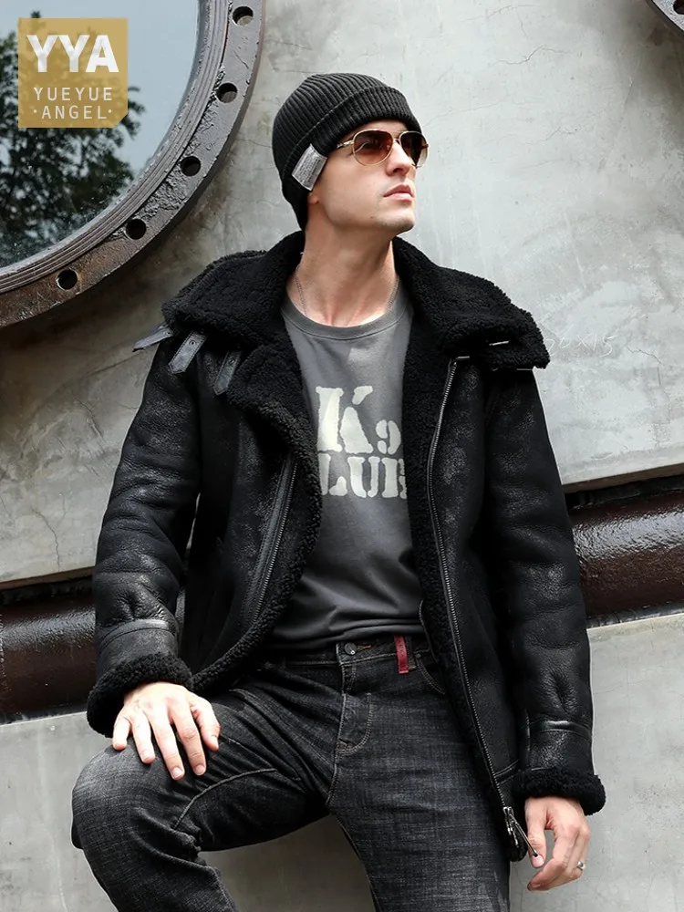 

Original Ecology Natural Shearling Coat Men Winter Warm Wool Lining Overcoat Moto Hoody Mid Long Genuine Leather Real Fur Jacket