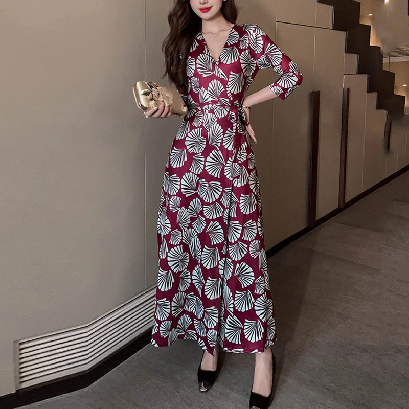 

Women Summer Autumn 3/4 Sleeve Aline Maxi Long Dresses One Pieces Side Split Elegant Bodycon Party Dress Purpul Print Beachwear