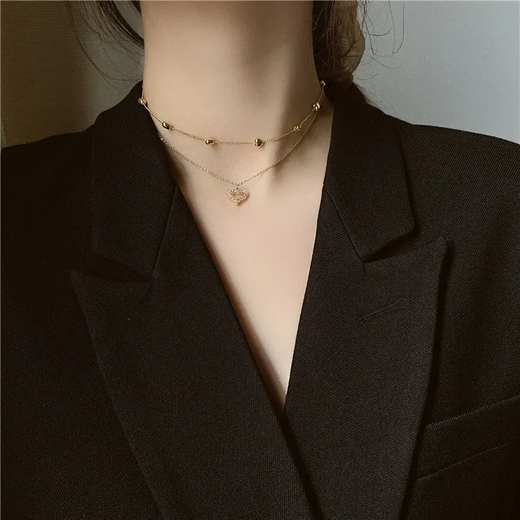 

New Double Layer Heart Pendant Necklace Temperament Clavicle Chain Statement Girlfriend Gift Kpop Neck Jewelry Friendship Gifts