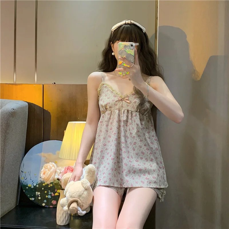 Yasuk Summer Fashion Women's Casual Kawai Lovely Floral Bandage Vest Sleepwear Pajamas Set With Shorts Pants Sweet Sexy Girl